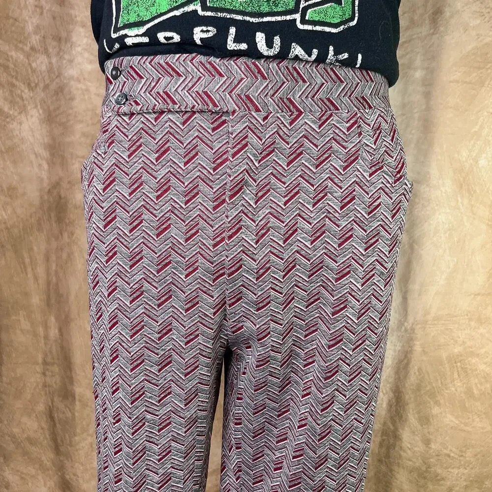 Vintage 70s Polyester Pants Chevron Stripe High Rise Red Gray Flare Retro Disco